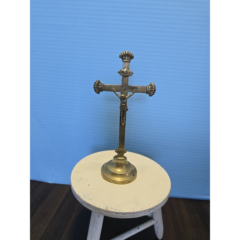 Antique Brass INRI Crucifix Jesus Statue 8 1/4"